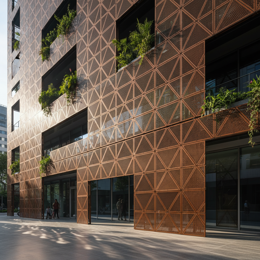 perforated-metal-facade - نمای فلزی پانچ با الگوی هندسی