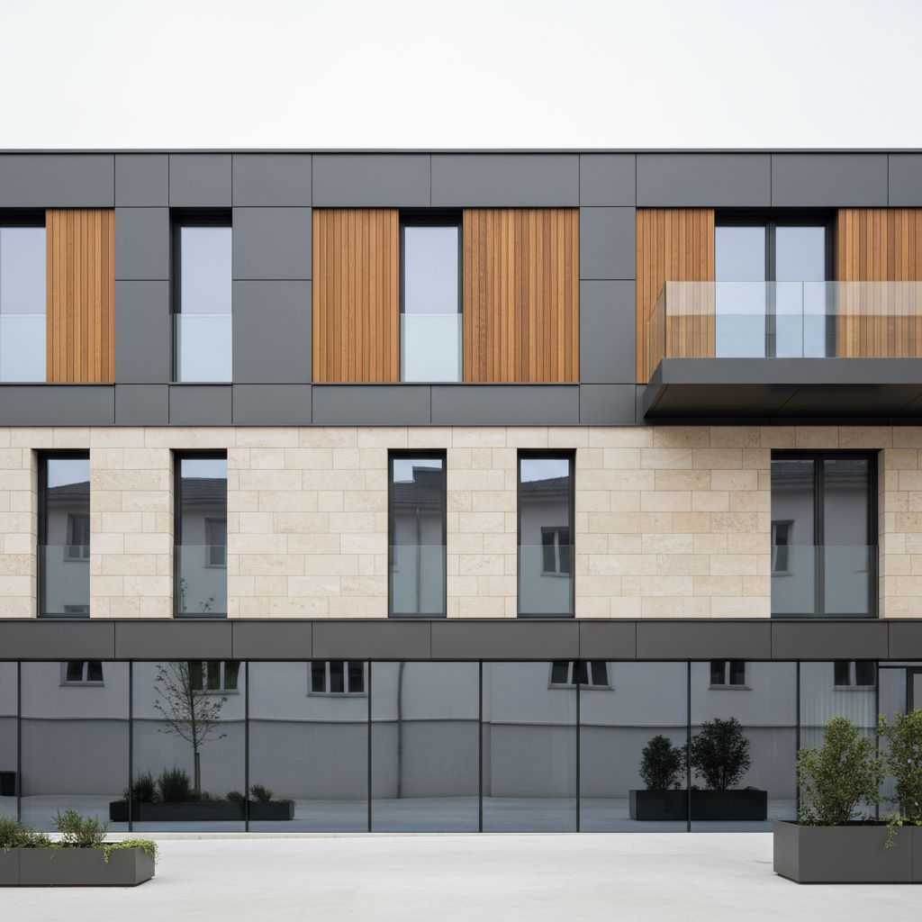نمایی از یک ساختمان مدرن با ترکیب متریال‌های مختلف - Modern building facade with mixed materials