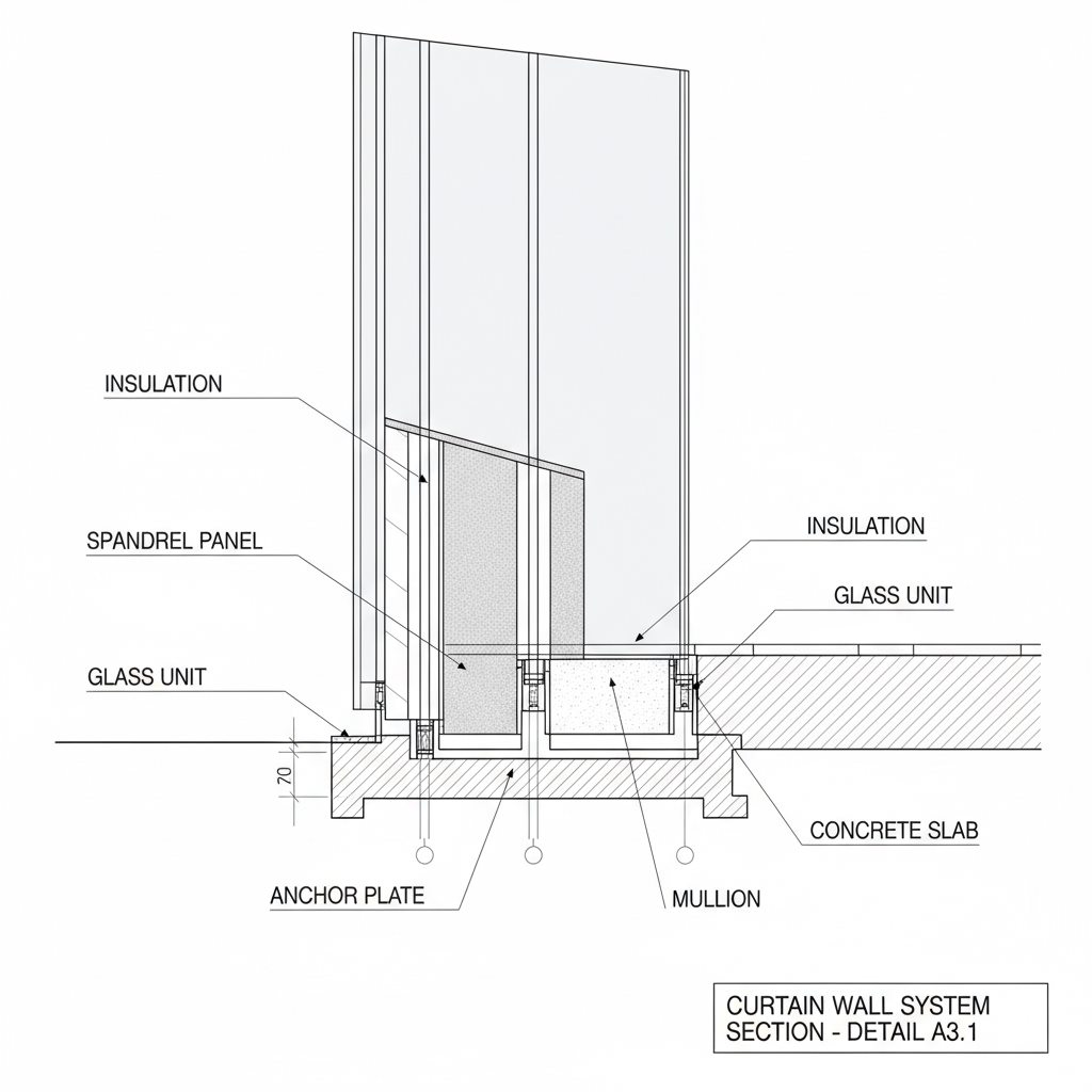 مقطع و جزئیات یک سیستم کرتین وال - Curtain wall system section detail