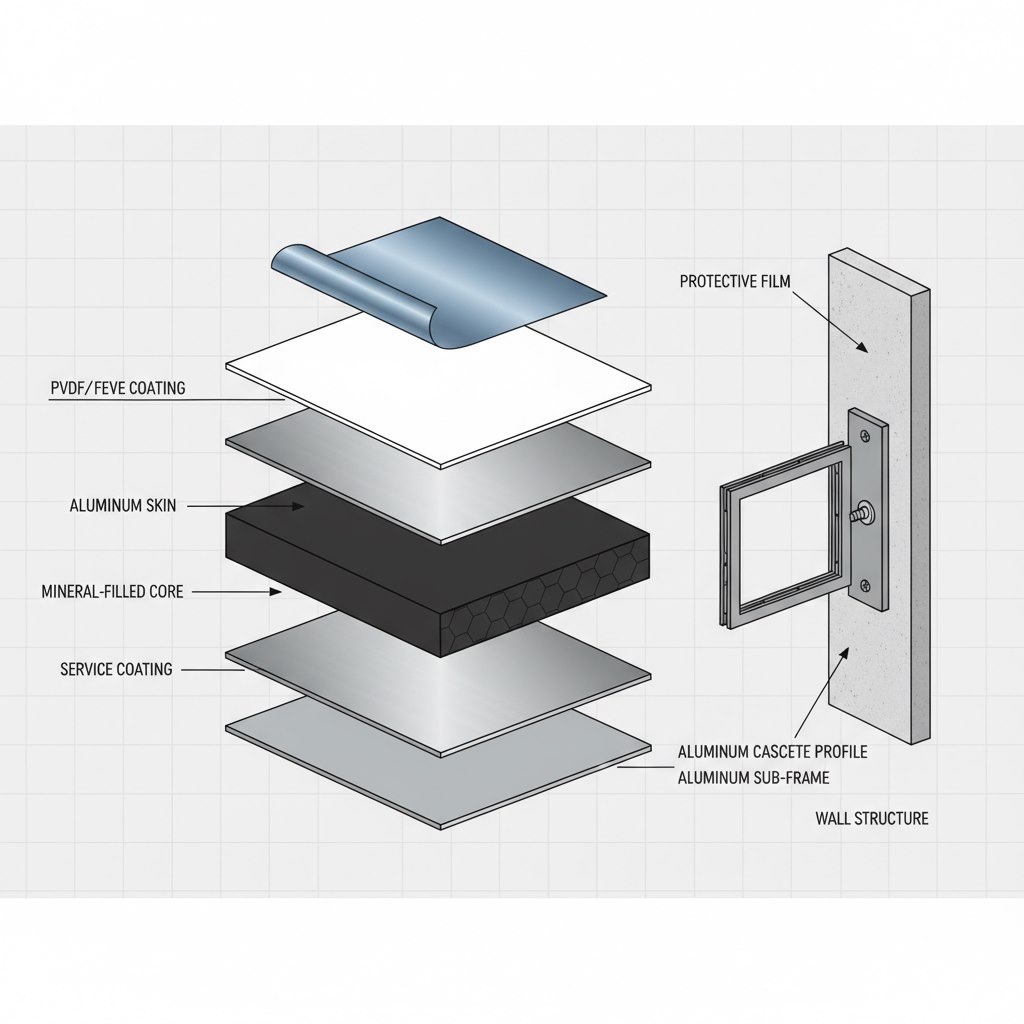 مقطع و لایههای یک پنل کامپوزیت - ACP panel layers cross section