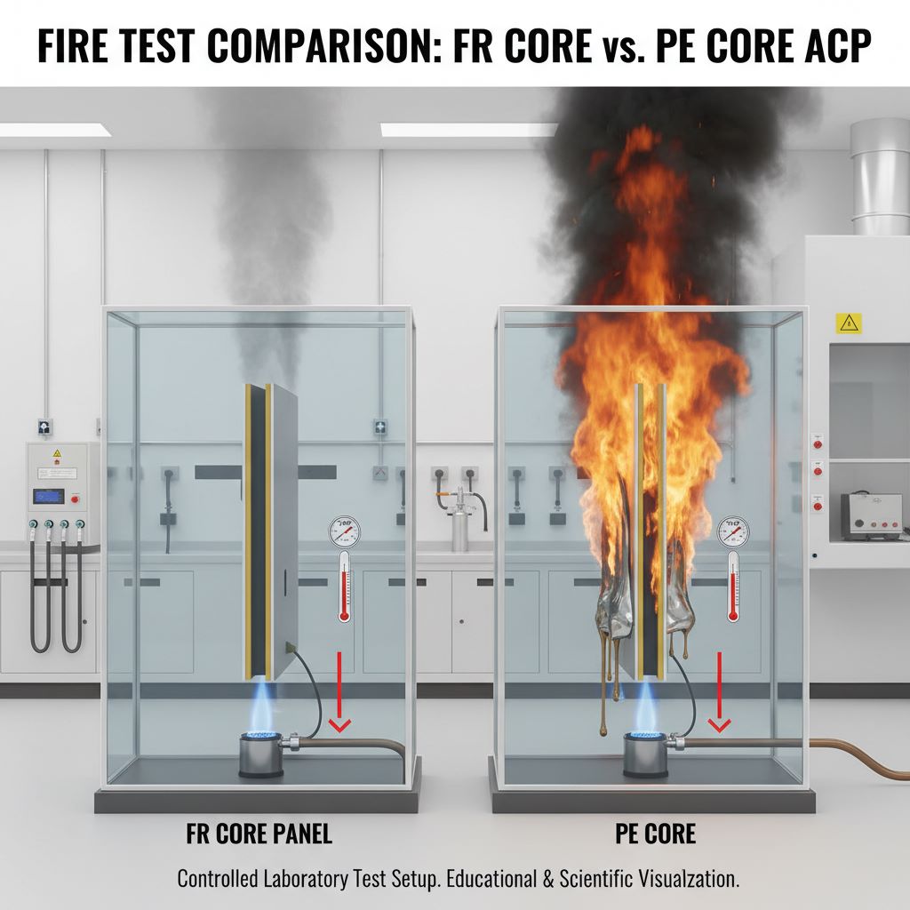 تصویر: مقایسه پنلهای FR و PE در آزمایش آتش - Fire test comparison FR vs PE panels