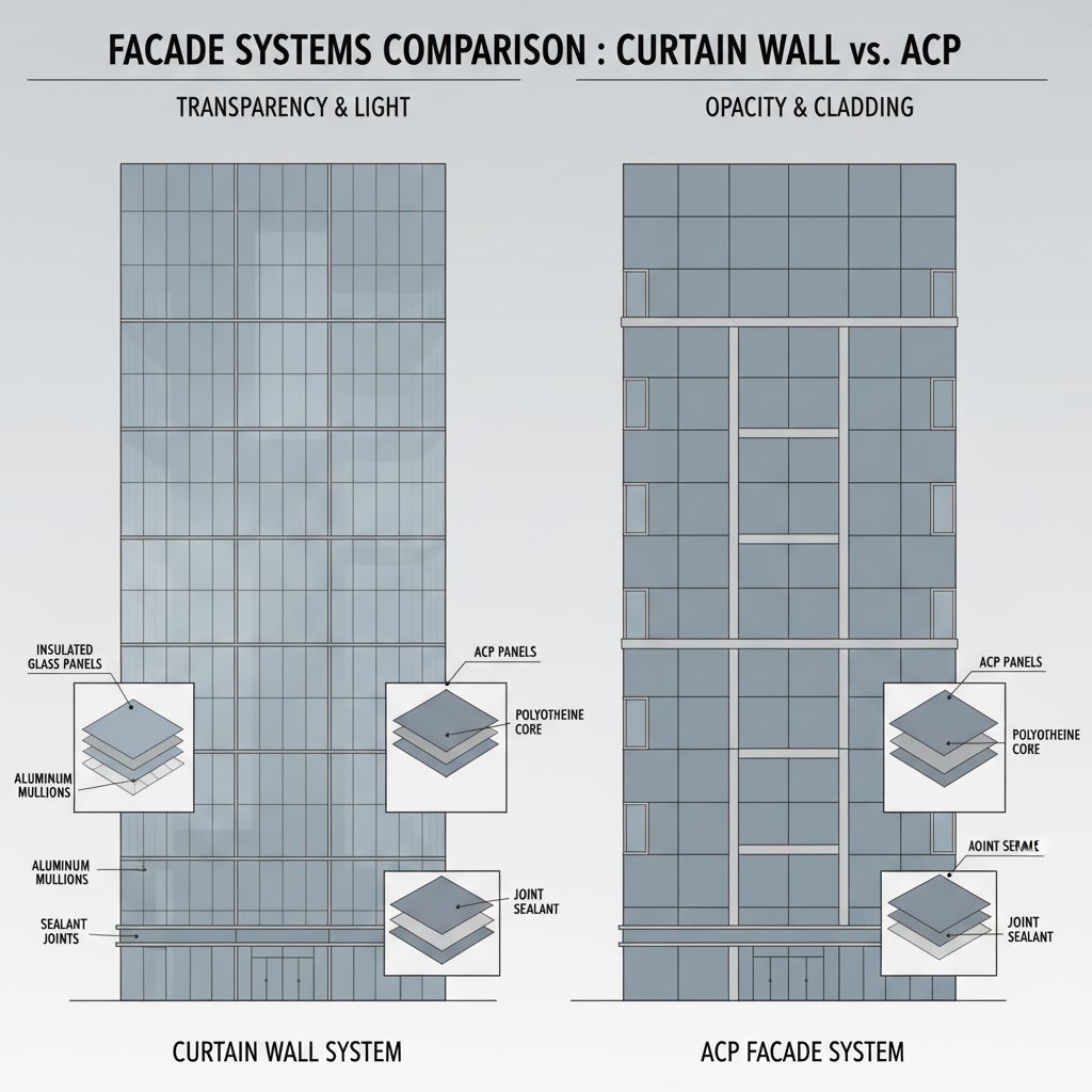 تصویر: مقایسه بصری کرتین وال و ACP در یک پروژه - Visual comparison of curtain wall vs ACP in a project