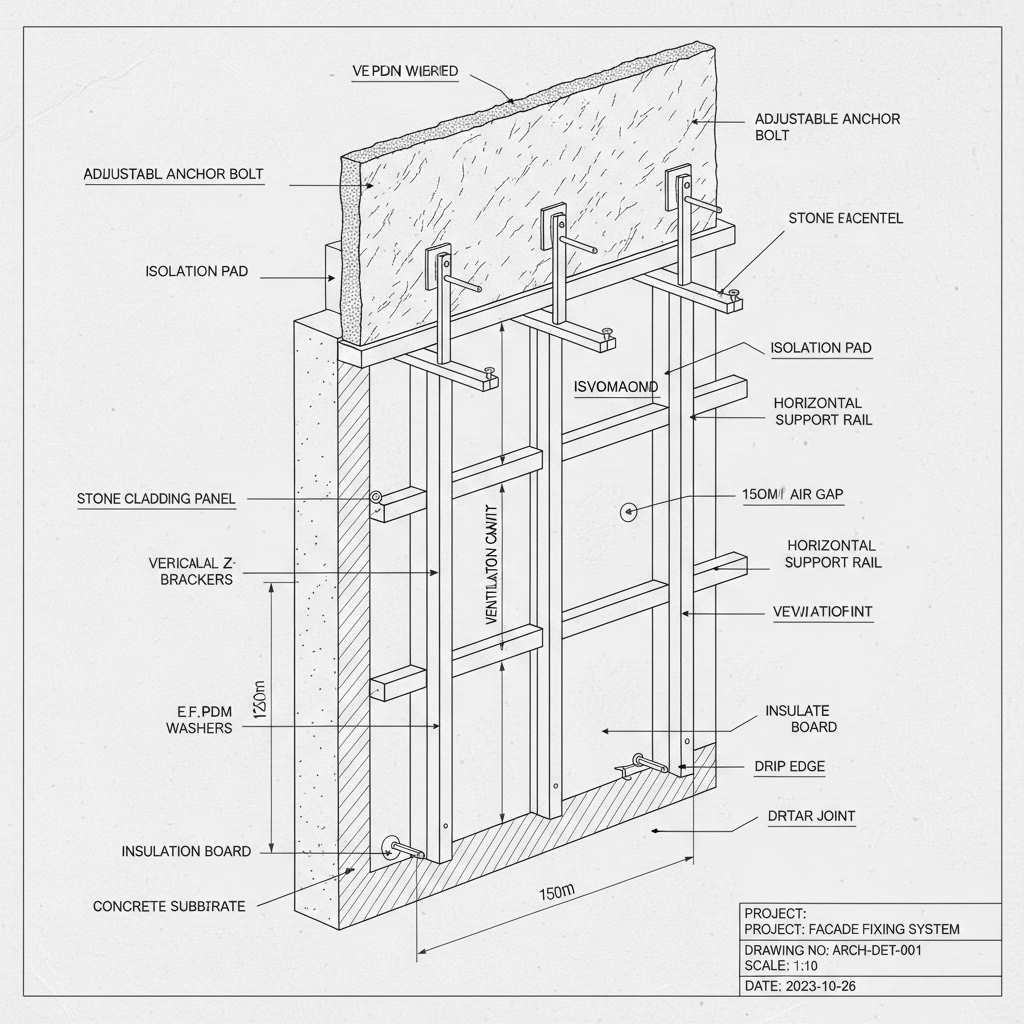 [تصویر: جزئیات نصب مکانیکی سنگ - Mechanical stone fixing details]