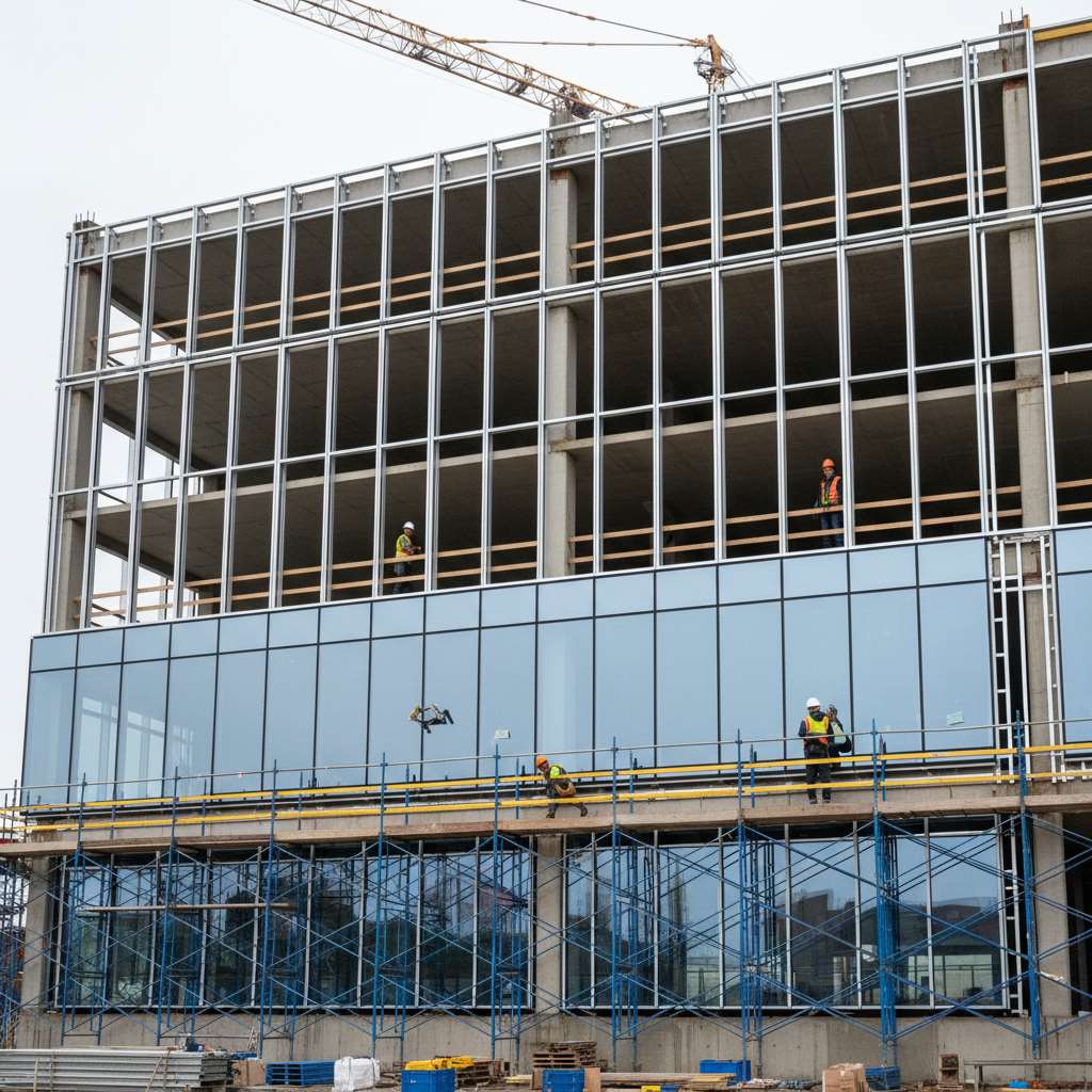  stick-system-installation- نصب سیستم استیک با کارگران روی داربست