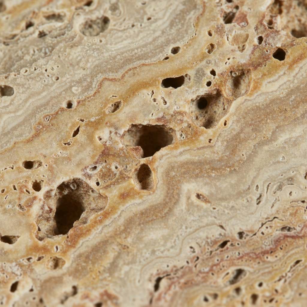 [تصویر: بافت و حفره‌های طبیعی تراورتن - Natural travertine texture and holes]