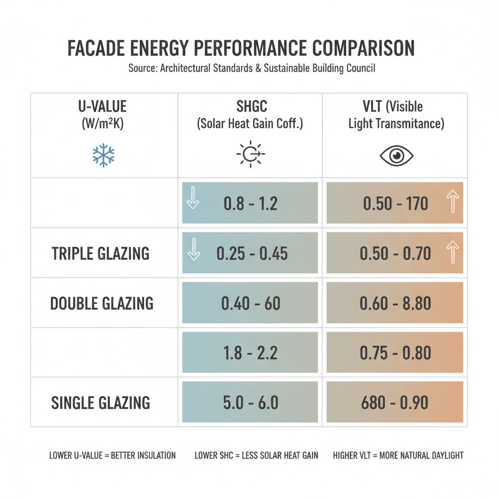 energy-performance-comparison-chart - نمودار مقایسه عملکرد انرژی شیشه‌های مختلف