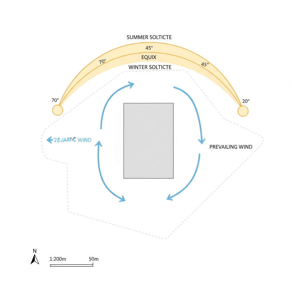 site-analysis-diagram - تحلیل سایت با مسیر خورشید و بادها